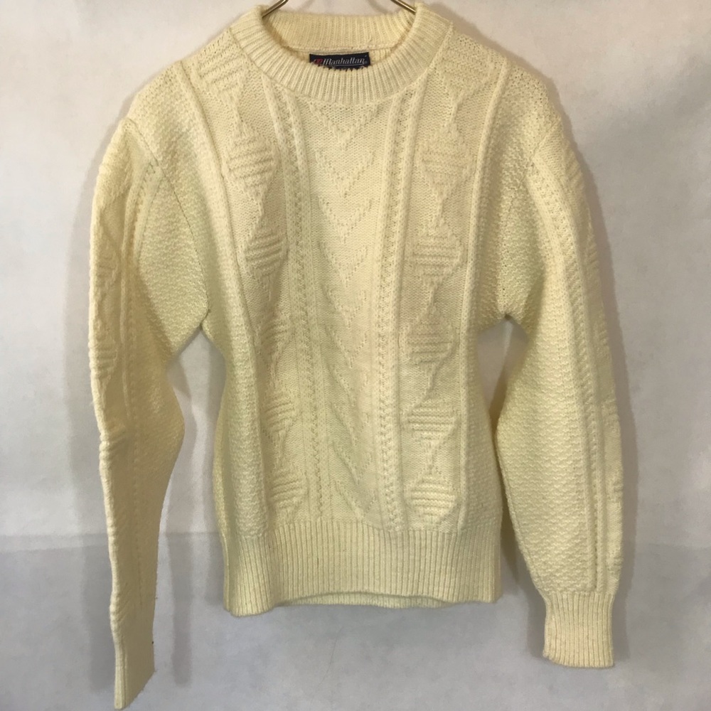 Mens Vintage Cream Manhattan Knit Pullover Sweater Crewneck